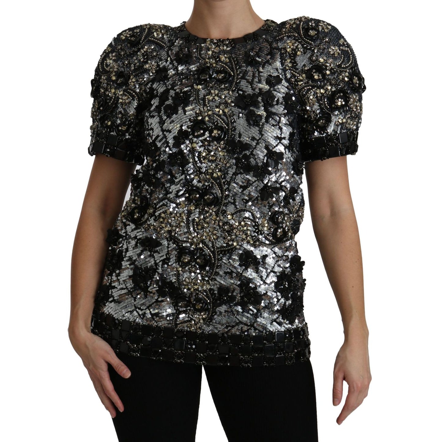 Dolce & Gabbana Black Sequined Crystal Embellished Top Blouse
