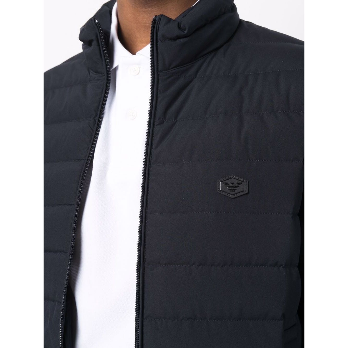Emporio Armani Navy blue feather down padded logo-patch jacket