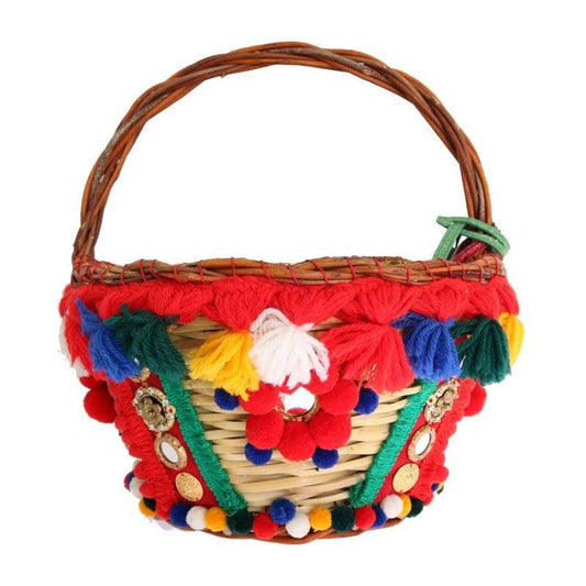 Dolce & Gabbana Multicolor AGNESE Straw Crystal Pom Pom Bag