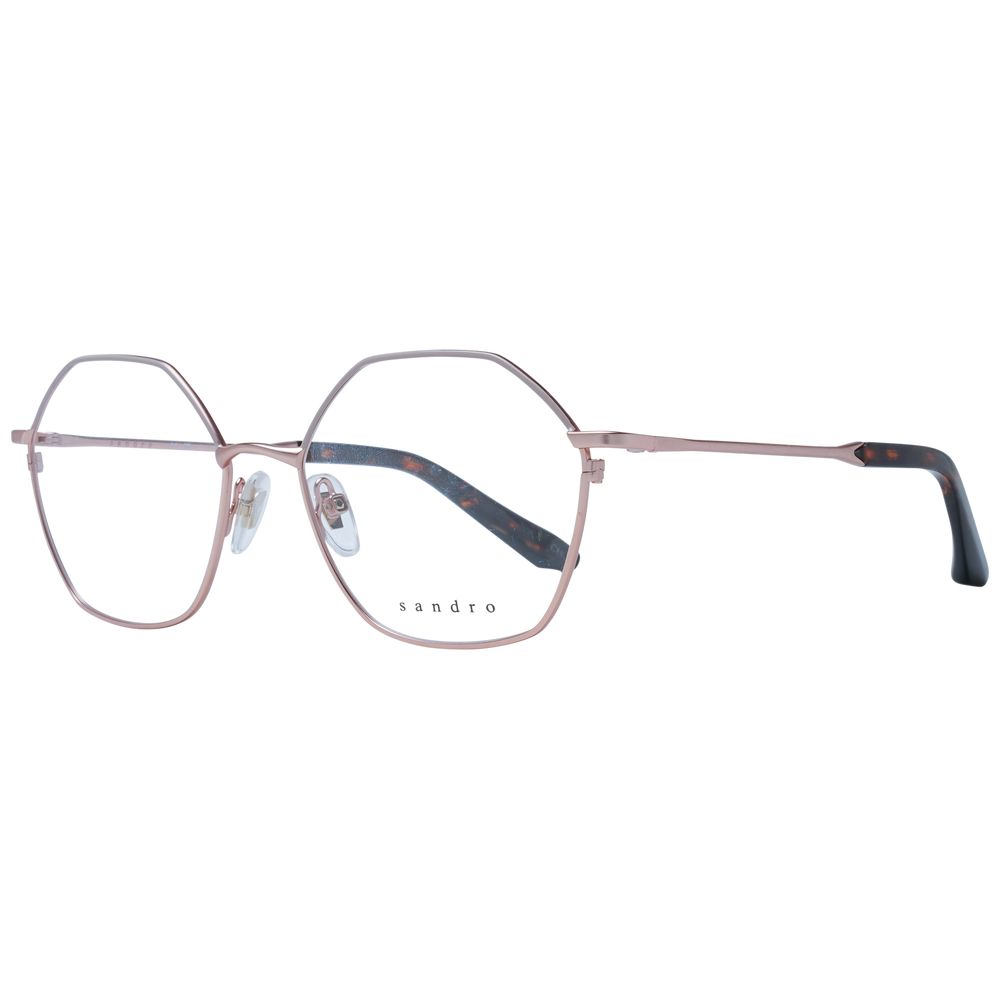 Sandro Rose Gold Women Glasses Frame in stainless steel with full-rim design, demo plastic lenses, and branded case included.