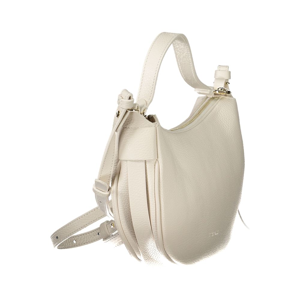 Coccinelle White Leather Handbag with adjustable shoulder strap and zip closure, featuring a logo and internal pocket.