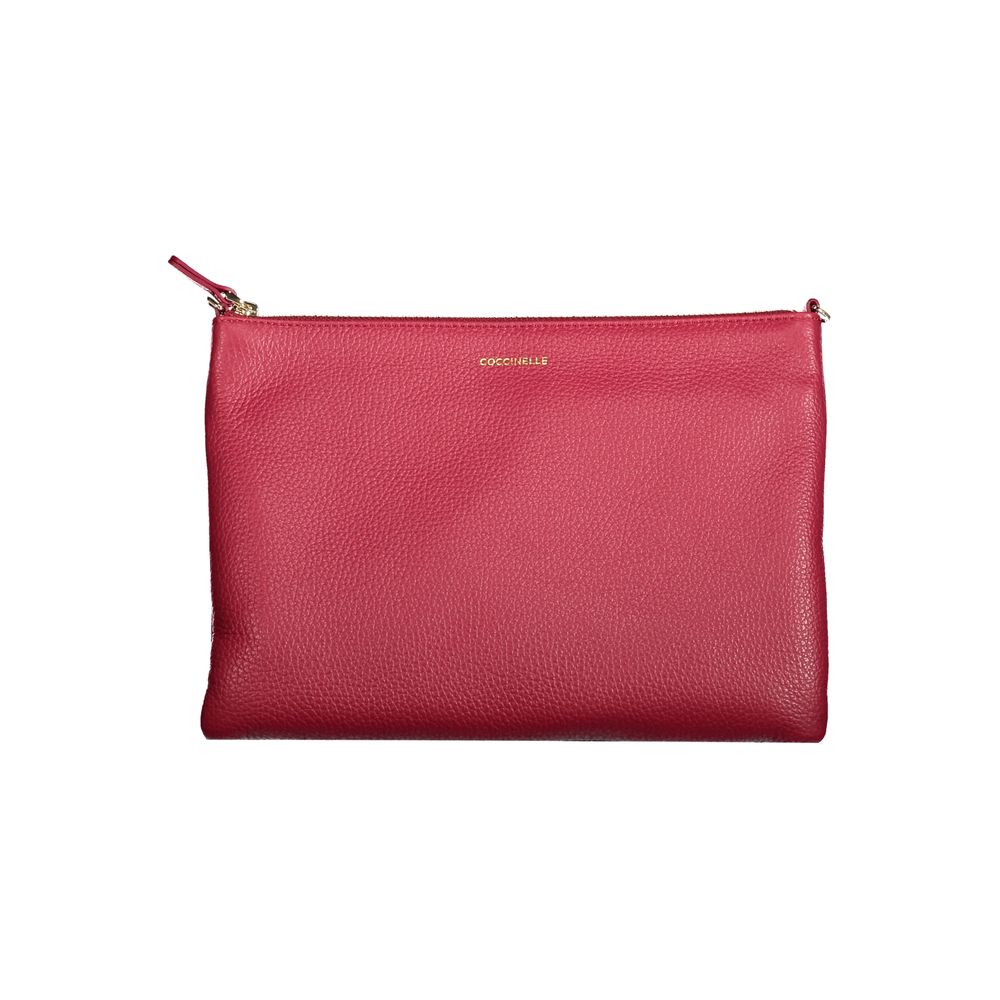 Coccinelle Red Leather Handbag with zip closure and adjustable removable shoulder strap, featuring a stylish logo design.