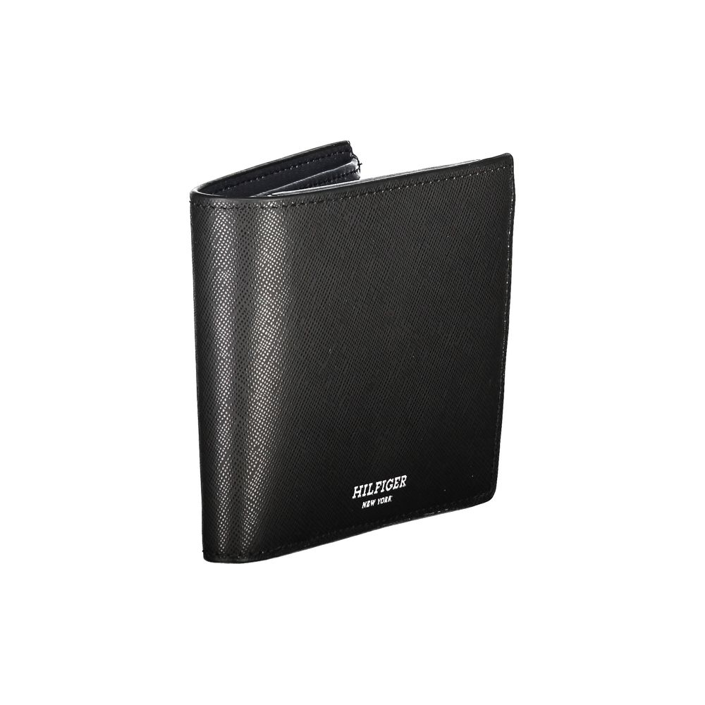 Tommy Hilfiger Black Leather Wallet with two compartments, coin purse, card slots, contrast details, and logo.