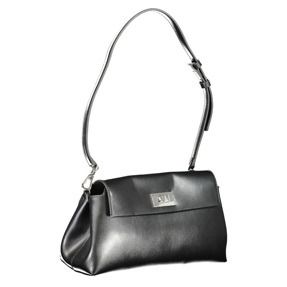 Calvin Klein Black Polyester Handbag with adjustable shoulder strap, snap closure, and internal pocket.