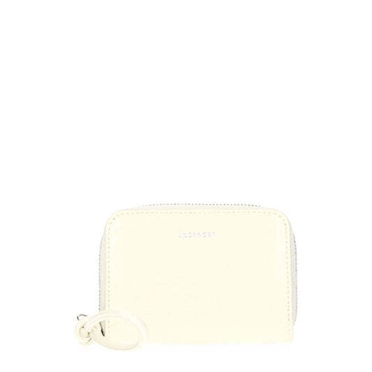 Jil Sander Beige Leather Wallet with zip closure, front logo, and milk secondary color. Measurements 7x10 cm, casual style.