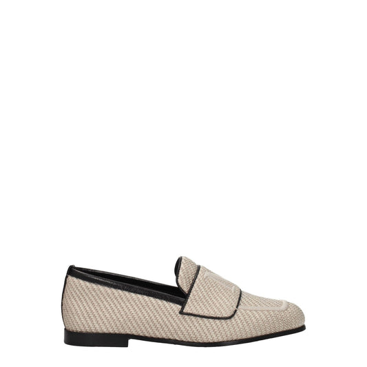 Max Mara Beige Fabric Slip-On Loafers with leather sole and round toe design, featuring a front logo for a casual style.