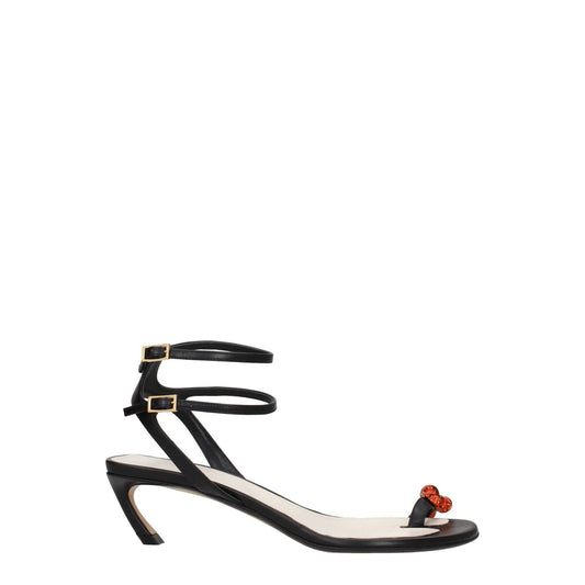 Lanvin Black Leather Stiletto Heel Sandals with rhinestone and buckle closure, featuring open toe and mid heels.