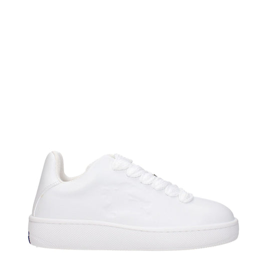 Burberry White Leather Low Top Sneakers with side logo, lace-up closure, and rubber sole, featuring a sporty glam style with round toe.
