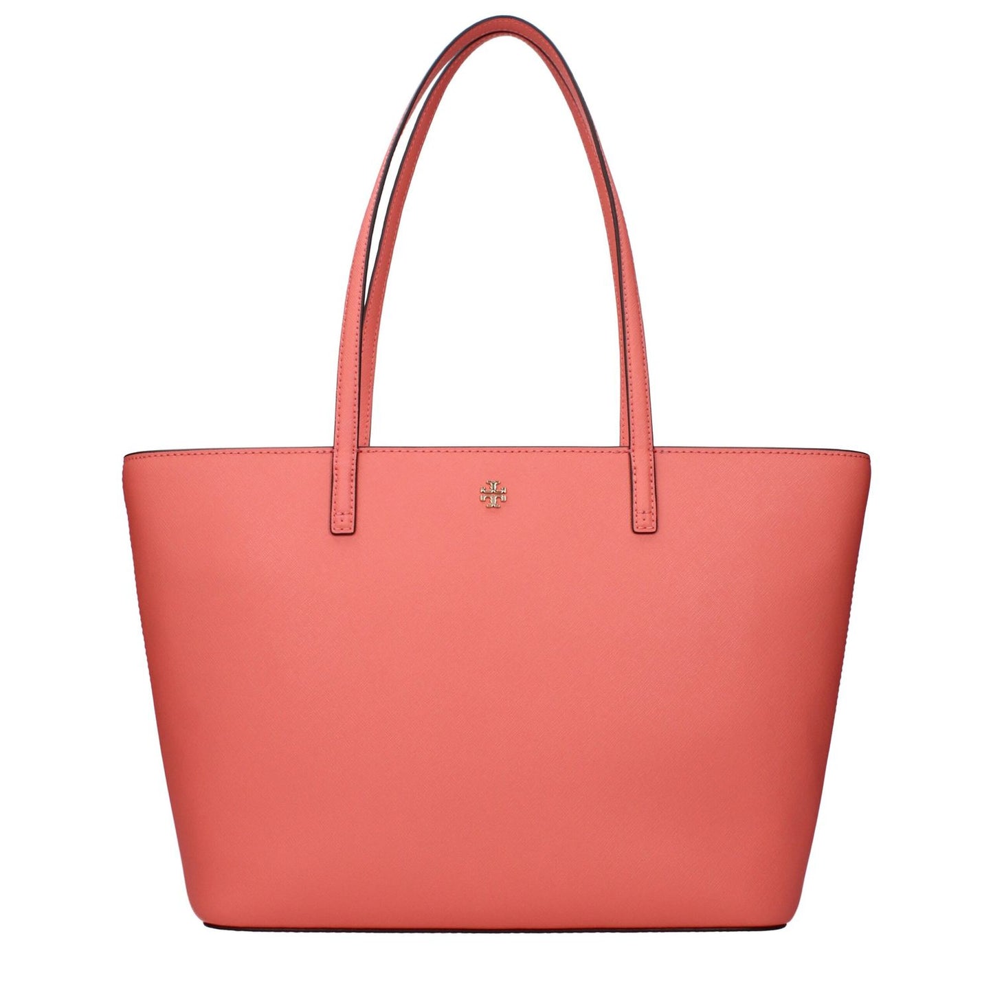 Tory Burch Pink Leather Shoulder Bag with front logo and adjustable, removable strap on display.