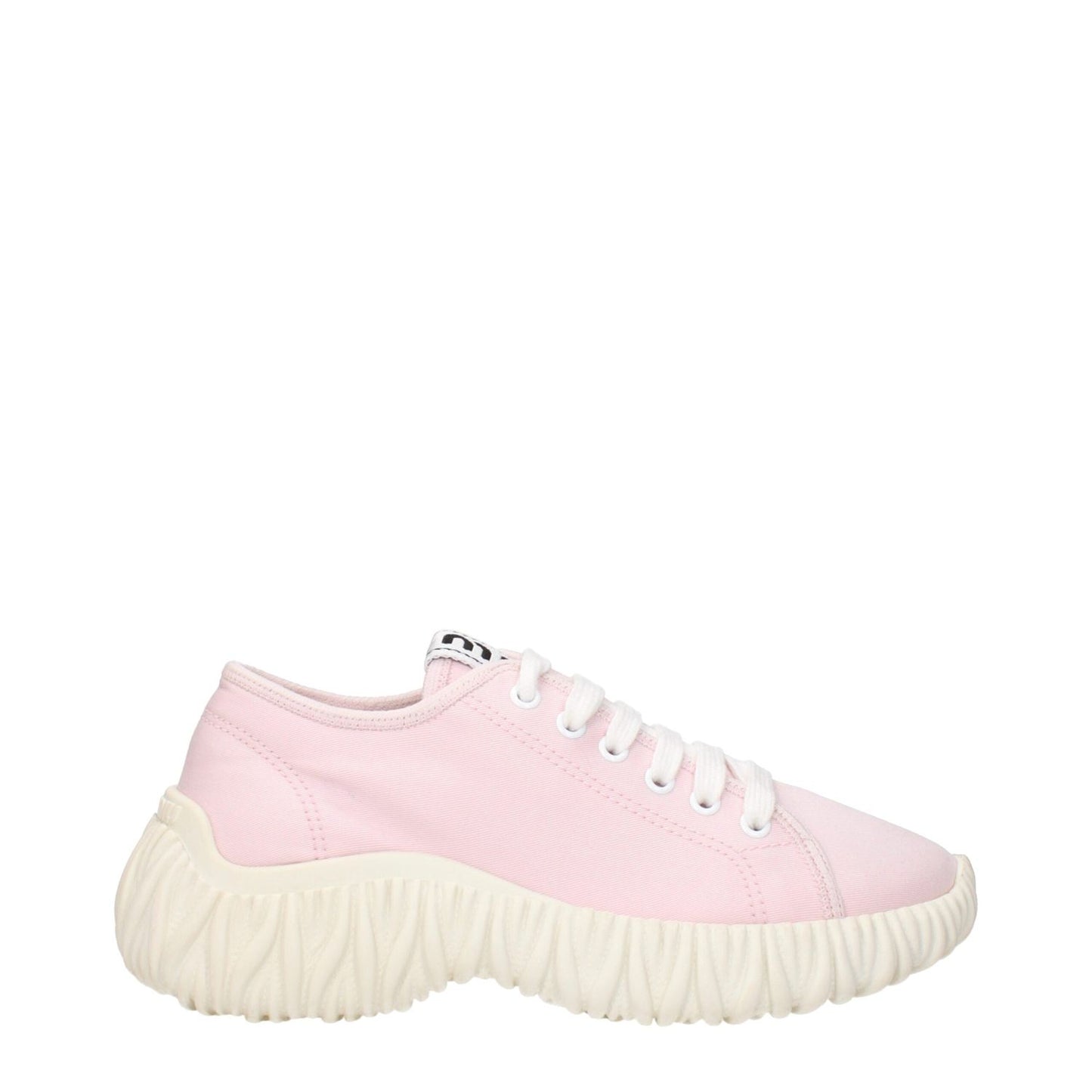 Miu Miu Pink Fabric Low Top Sneakers with front and back logos displayed on a white background.
