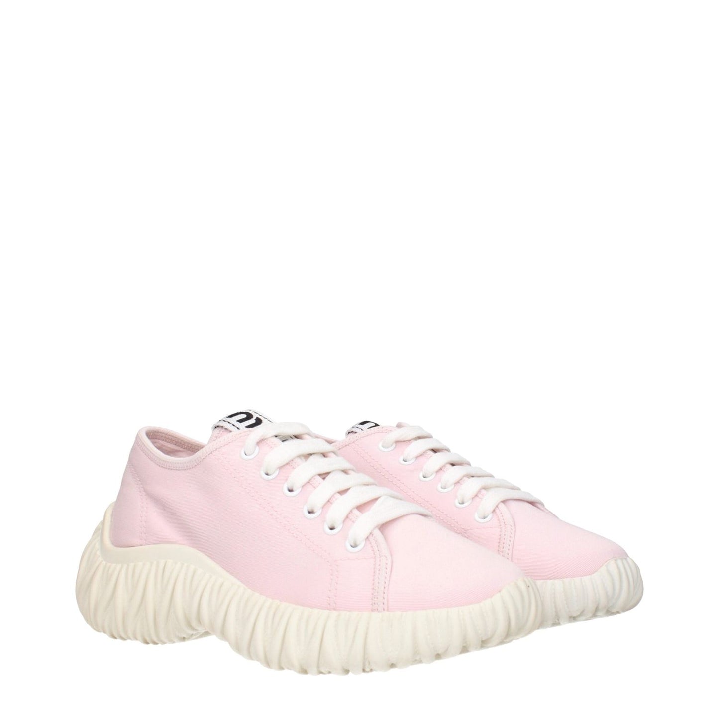 Miu Miu Pink Fabric Low Top Sneakers with front and back logo, made from pink fabric, featuring unique sole design.