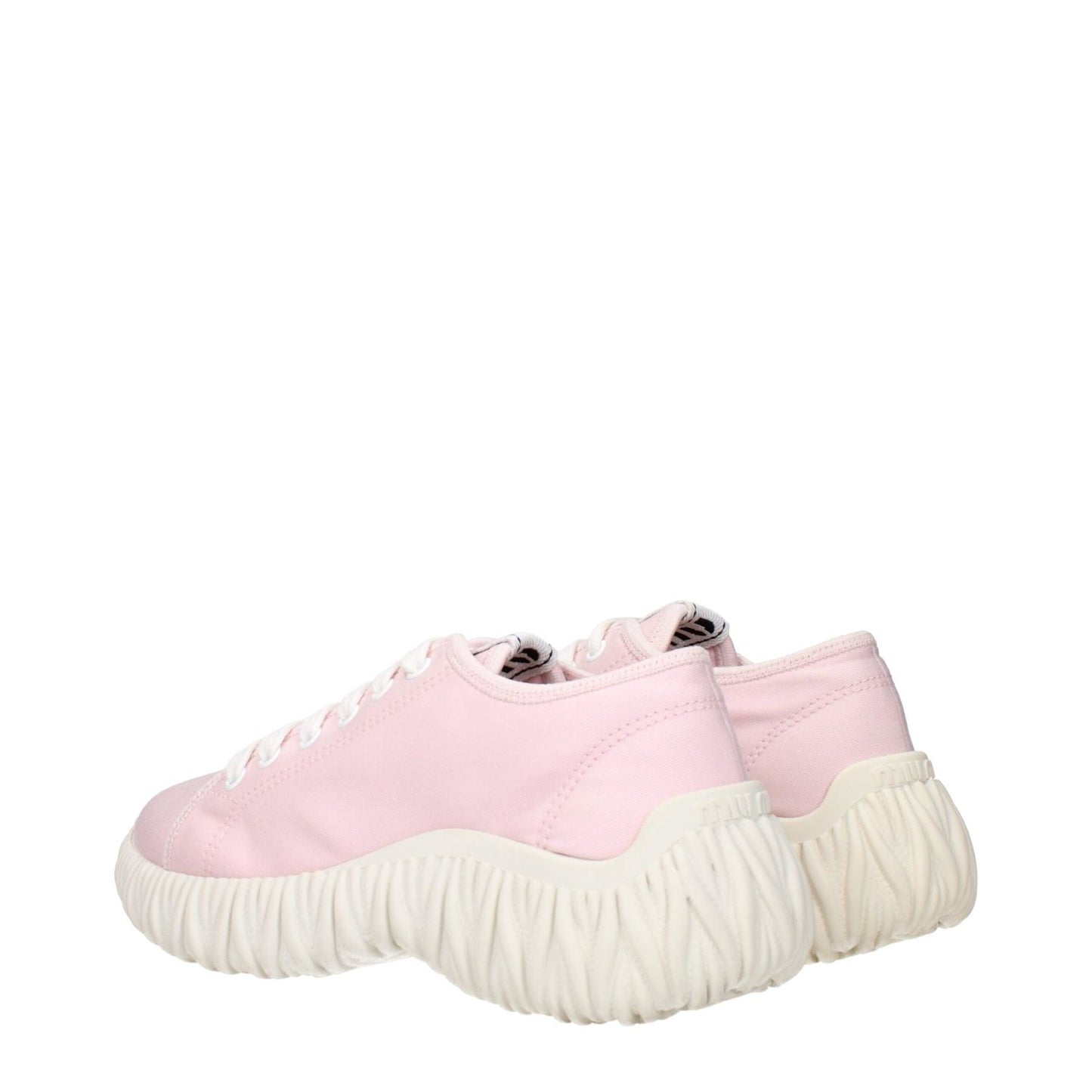 Miu Miu Pink Fabric Low Top Sneakers with logo detail, featuring unique sole design, side and back view, stylish and trendy footwear.