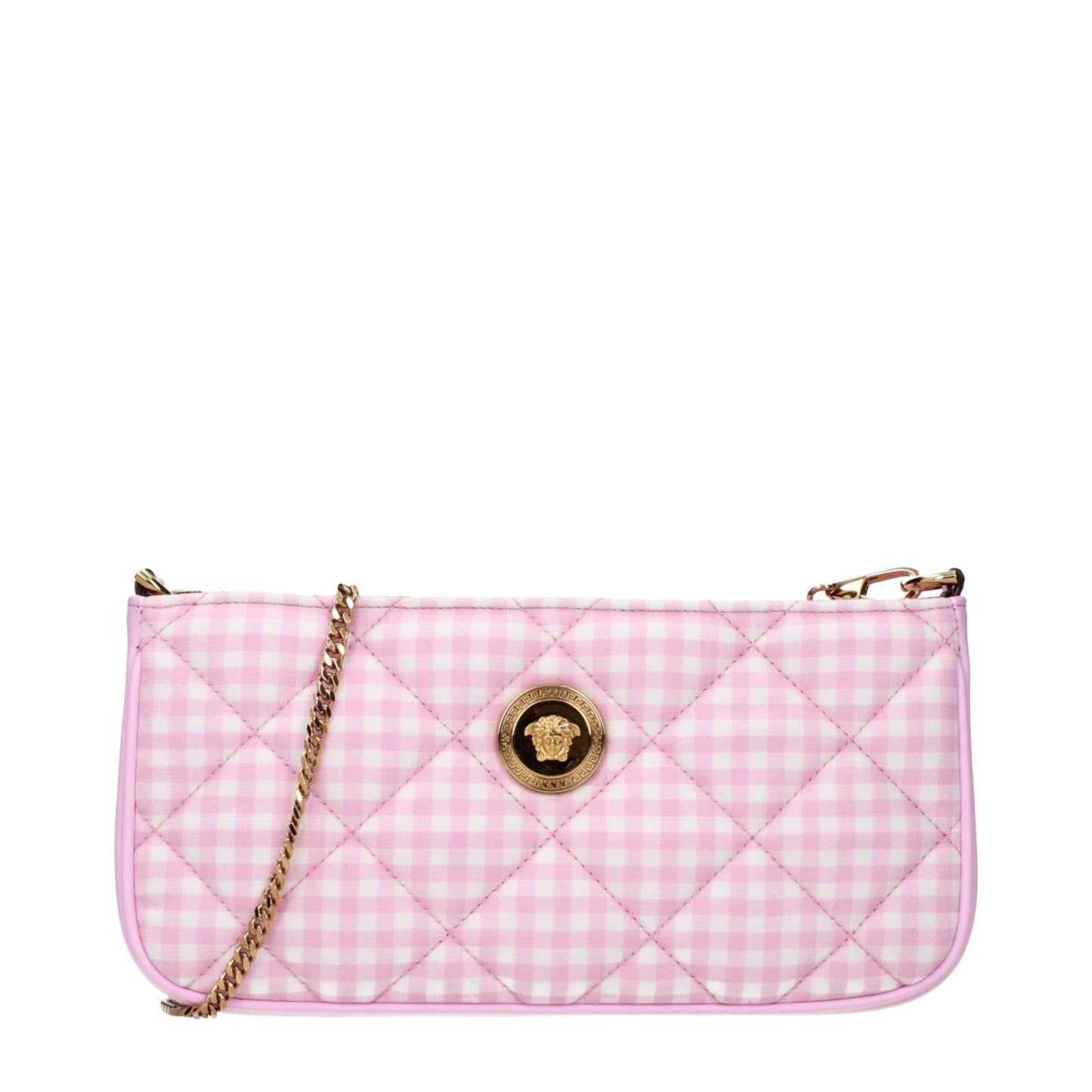 Alt Tag: Versace Pink Fabric Shoulder Bag with gold chain and front medallion detail, ideal for stylish outings.