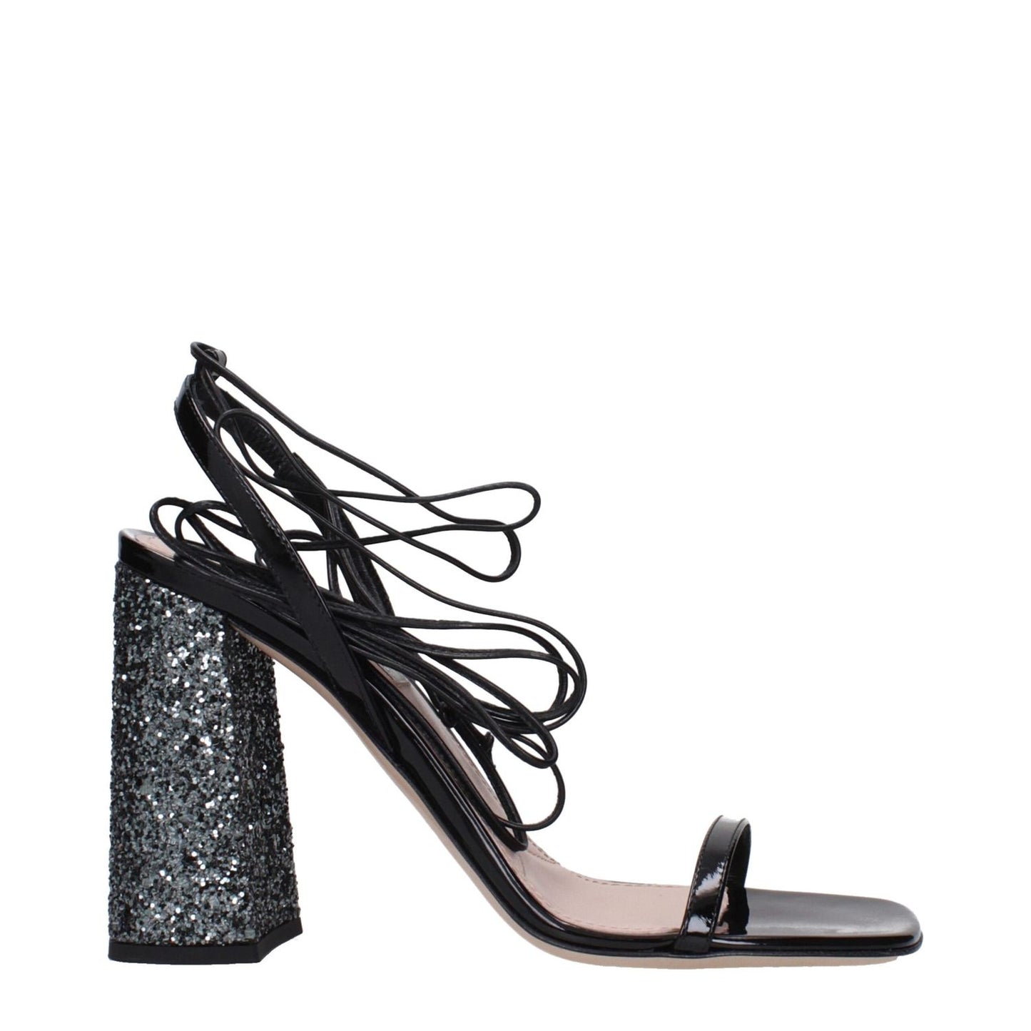 Miu Miu Black Leather Platform Sandals featuring patent leather and glitter block heel, MPN 5X857D52O100F0N11.