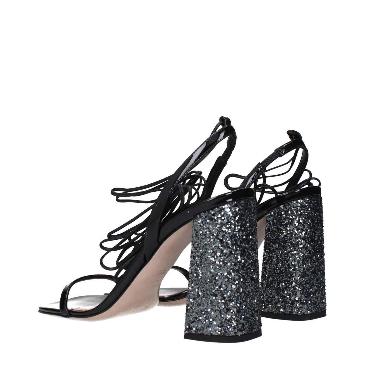 Miu Miu Black Leather Platform Sandals with sparkling glitter block heels, patent leather finish, stylish strappy design.