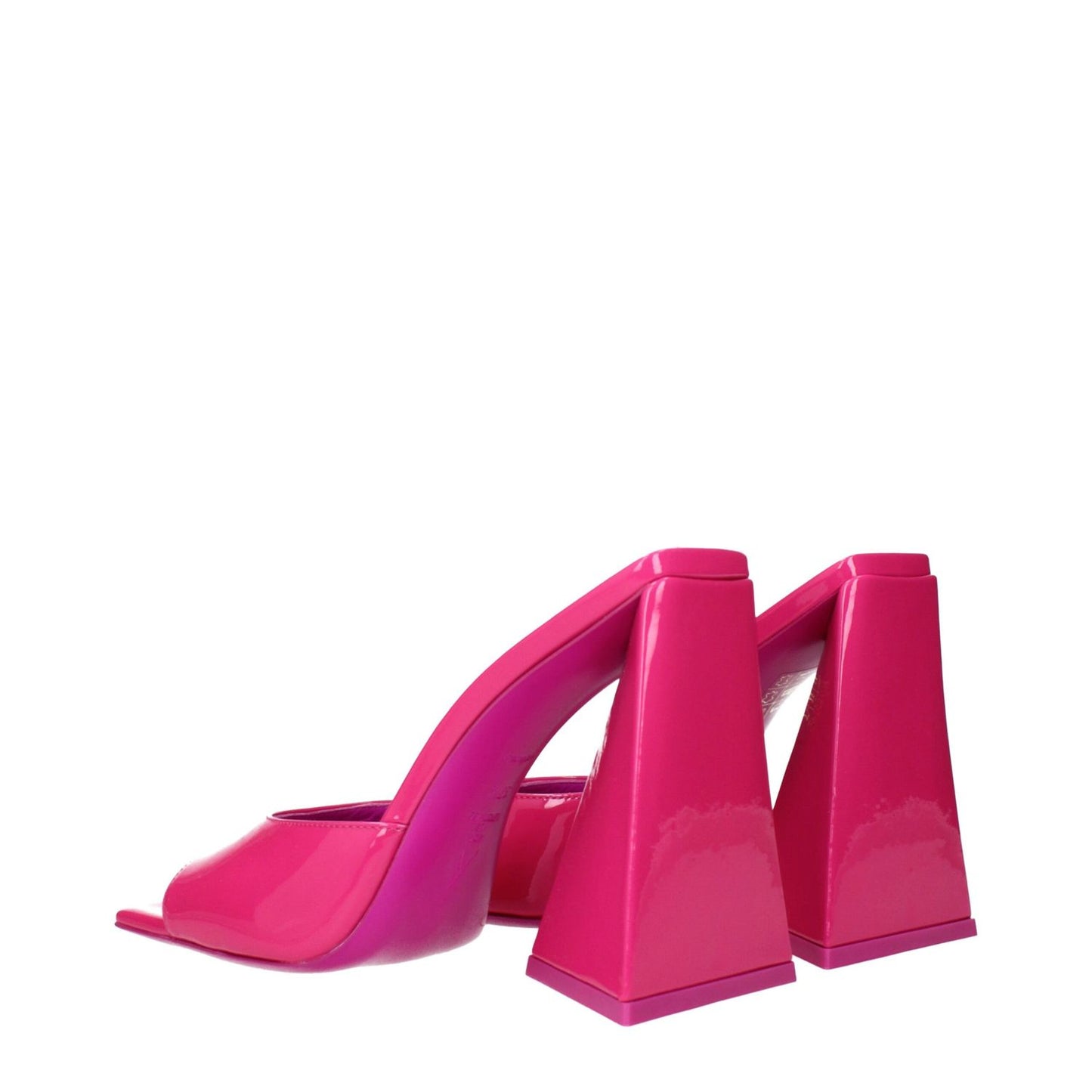 The Attico Pink Leather Platform Sandals with fuchsia patent finish, showcasing a sleek, contemporary silhouette and unique heel design.