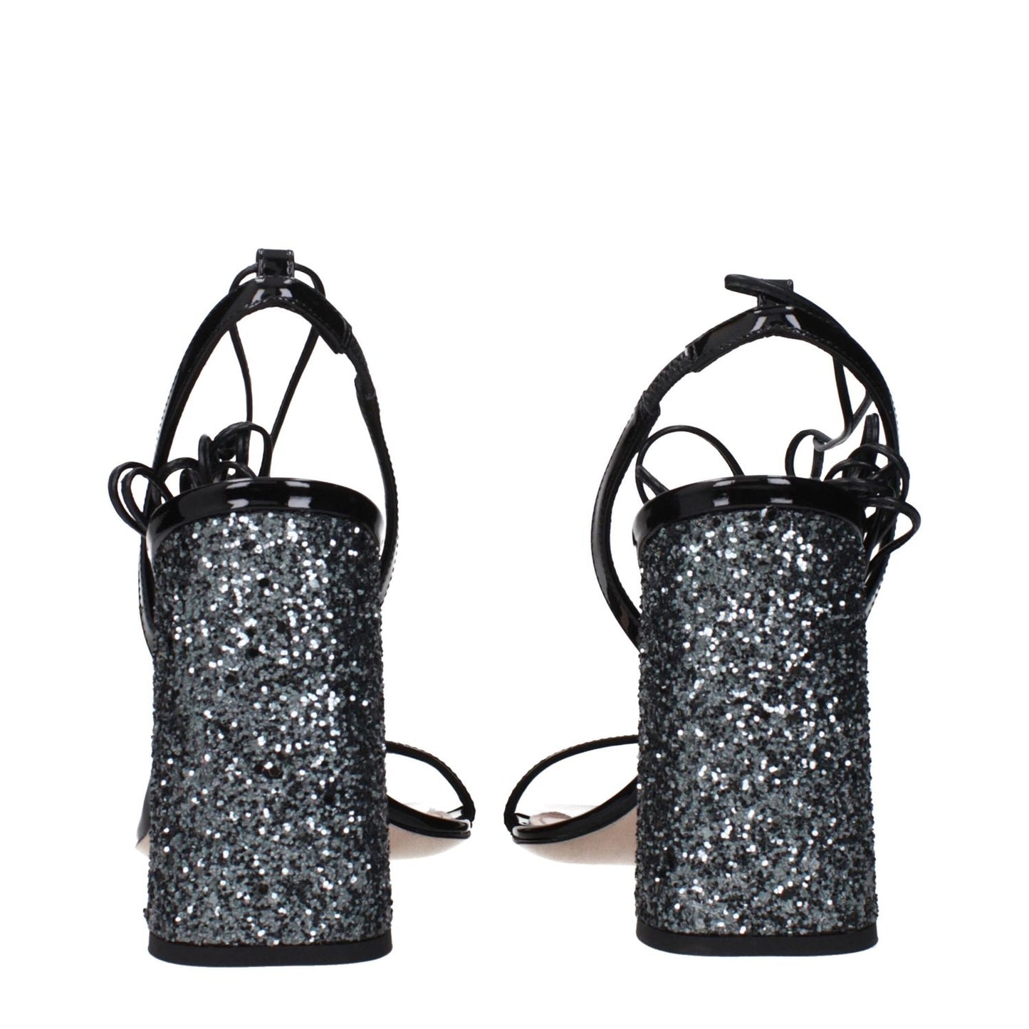 Miu Miu Black Leather Platform Sandals with glitter heels, showcasing back view of designer shoes 5X857D52O100F0N11.