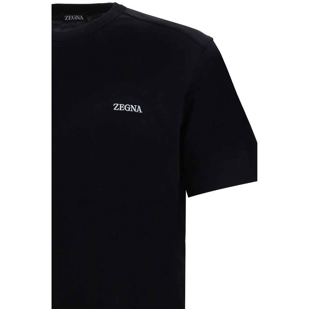 ZEGNA Black Cotton T-Shirt with ribbed crew neck and iconic monogram, 100% cotton, regular fit, made in Portugal.