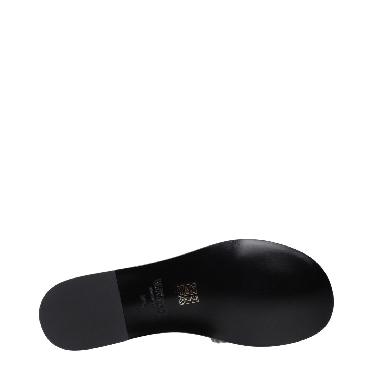 Sole view of Versace Black Leather Slippers with patent finish and logo, showcasing design details.