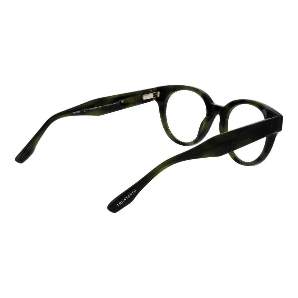 Trussardi Green Acetate Glasses (Frames) in side view, featuring full-rim browline style with spring hinge and demo lenses.