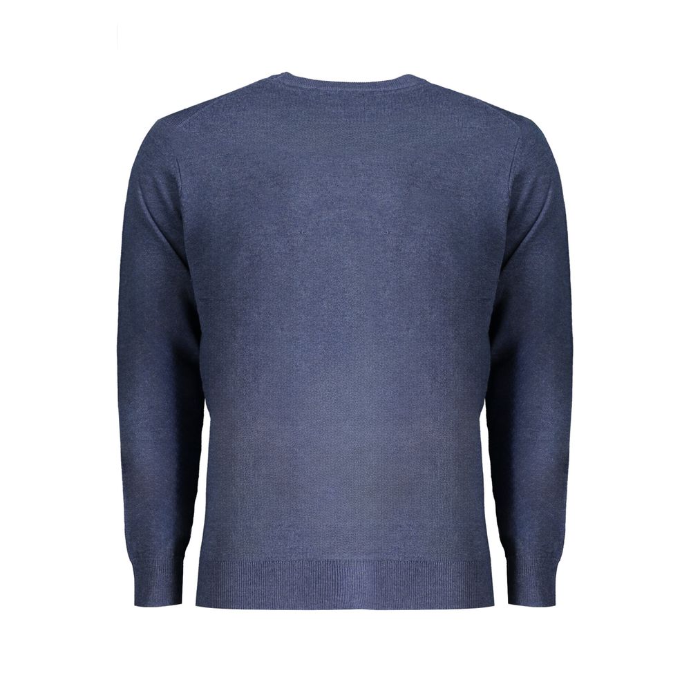 Back view of Norway 1963 Blue Polyester Sweater, long-sleeved with crew neck and embroidery logo, showcasing elegant design.