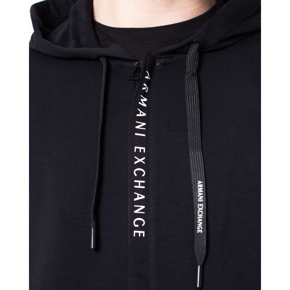 Close-up of Armani Exchange Black Cotton Hoodie featuring brand logo and drawstrings, showcasing modern and stylish design.