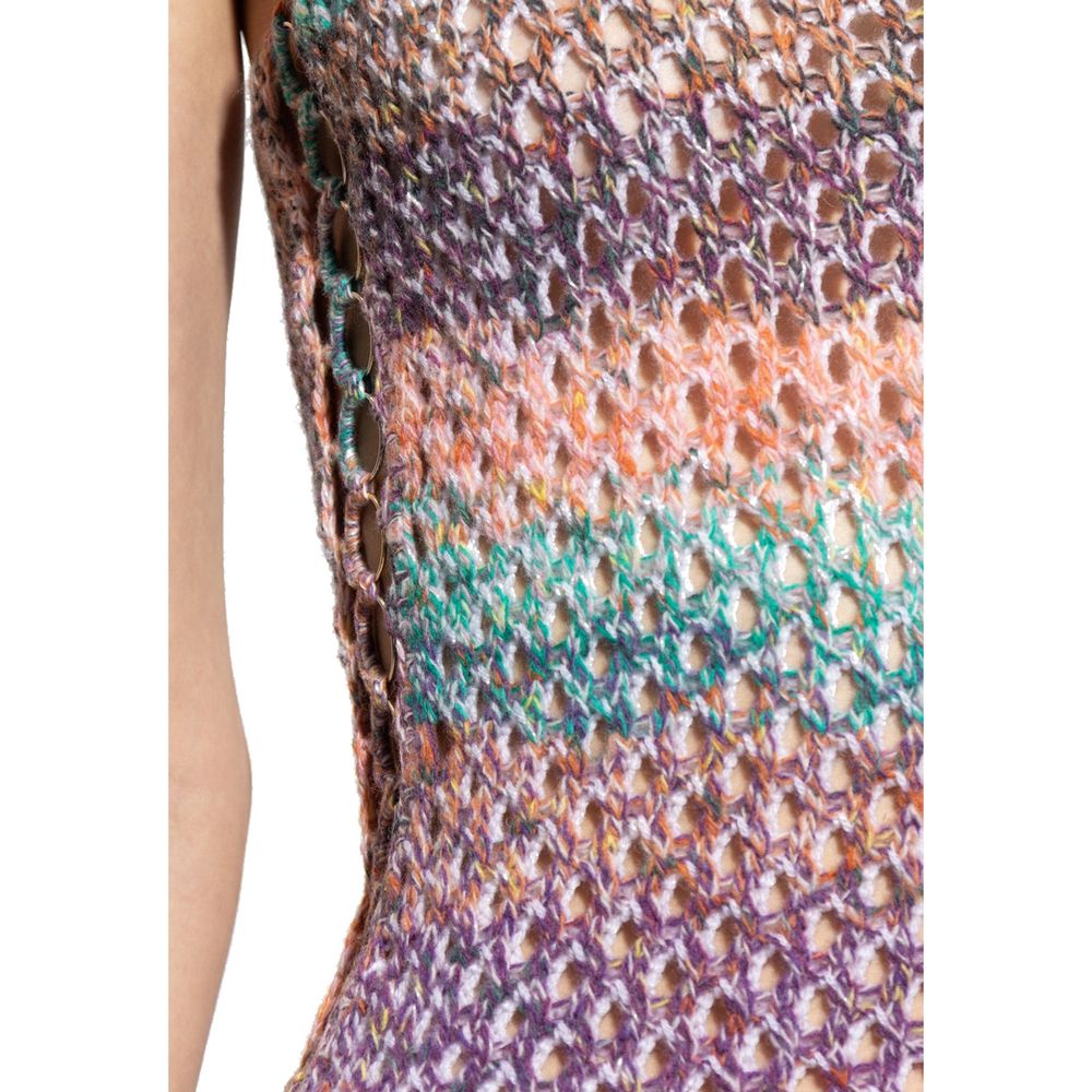 Close-up of Chloé Crochet Mini Dress with colorful semi-sheer wool fabric and decorative side drawcords.