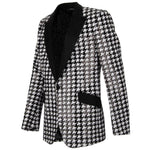 Dolce & Gabbana Black Polyester Blazer with houndstooth pattern, peak lapel, and sequin lining, featuring three flap pockets.