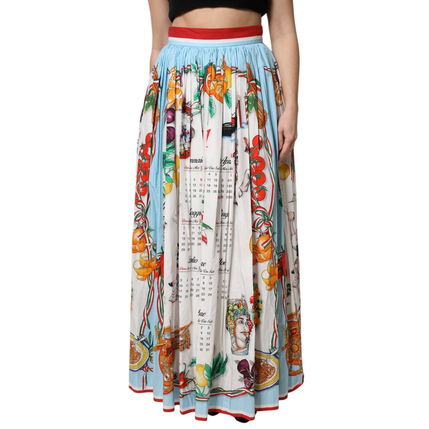 Dolce & Gabbana White Calendar Print Cotton Gathered Maxi Skirt with colorful design and red waistband, showcasing Italian elegance.