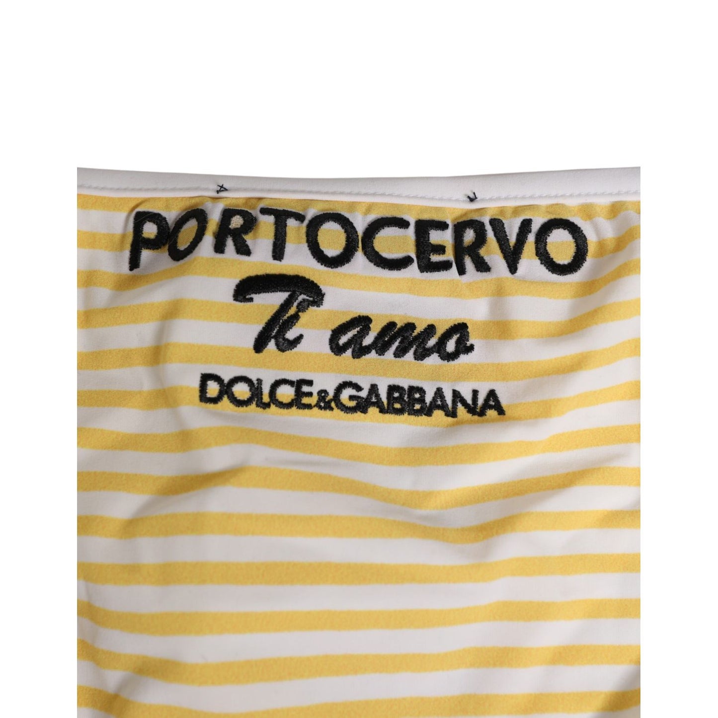 Dolce & Gabbana White Yellow Stripe Tie Side Logo Underwear with embroidered Porto Cervo Ti Amo logo, chic and elegant swimwear.