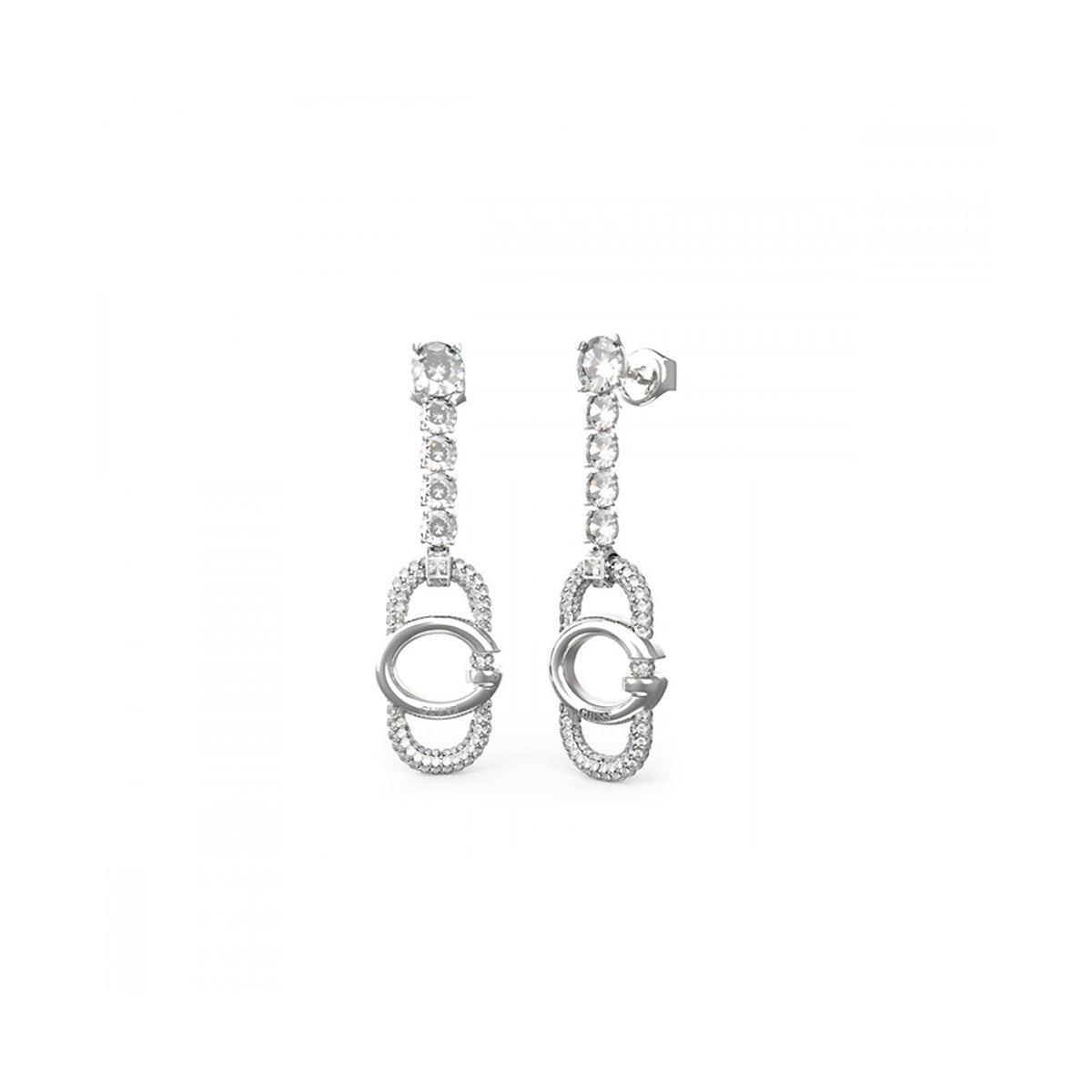 Elegant silver earrings from GUESS JEWELS JEWELRY Mod. JUBE04507JWRHT-U, featuring a chain design with sparkling stones.