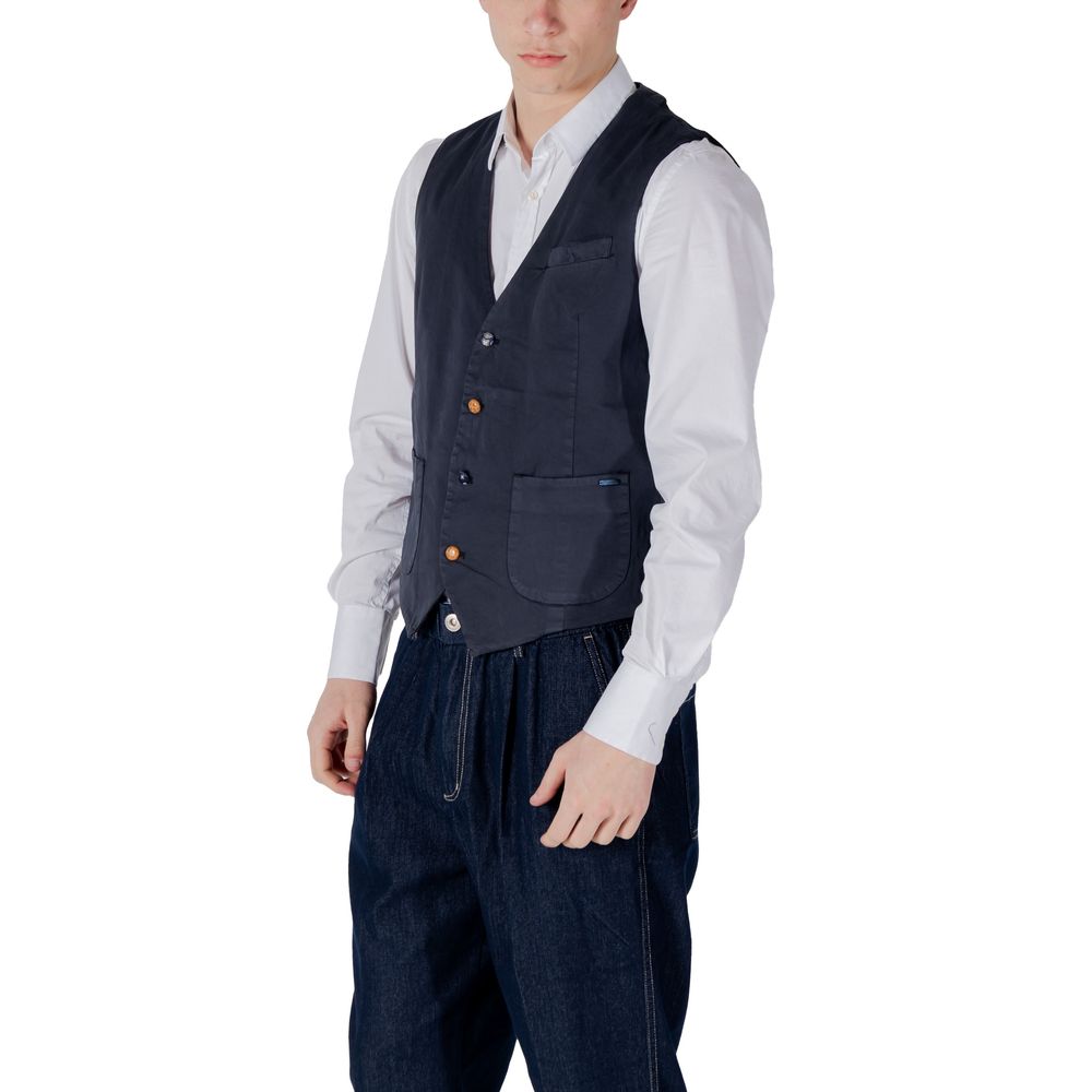 Gianni Lupo Blue Cotton Waistcoat with contrast buttons and pockets, worn by a model in white shirt and jeans, front view.