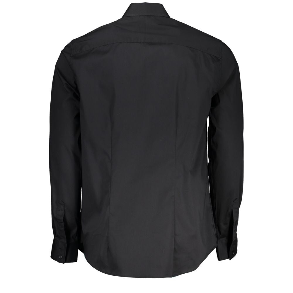 Back view of Guess Jeans Black Cotton Shirt with long sleeves, slim fit, Italian collar, and logo embroidery.