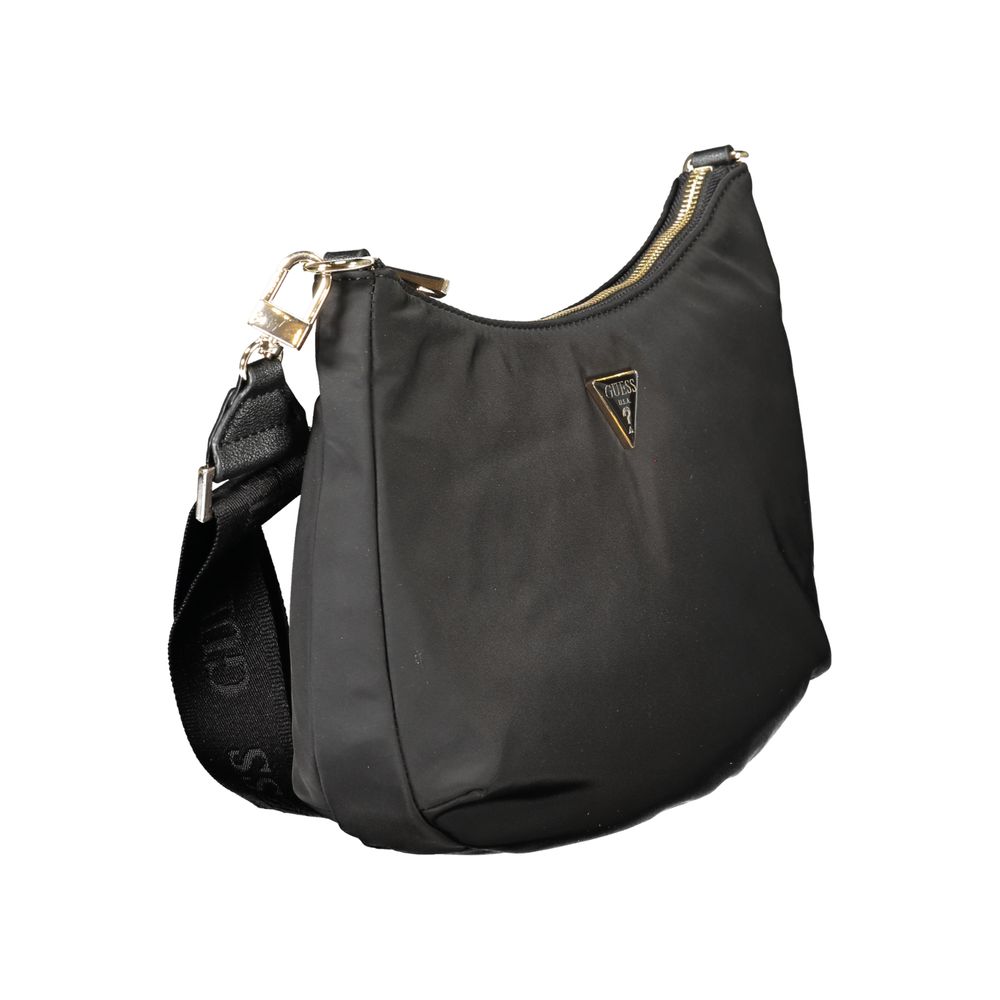 Guess Jeans Black Polyester Handbag with adjustable shoulder strap, internal pocket, and zip closure, featuring recycled materials.