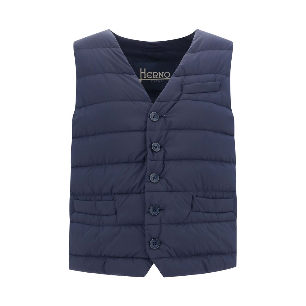 Herno Blue Polyamide Sleveless Jacket with quilted design, V-neck, button closure, and adjustable waistband, AW25 season, made in Italy.