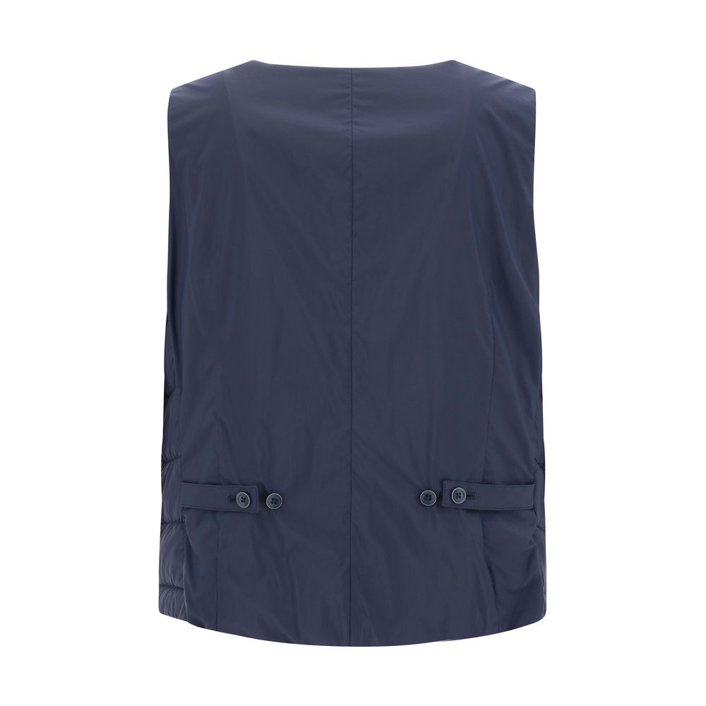 Back view of Herno Blue Polyamide Sleveless Jacket with adjustable waistband and button details.
