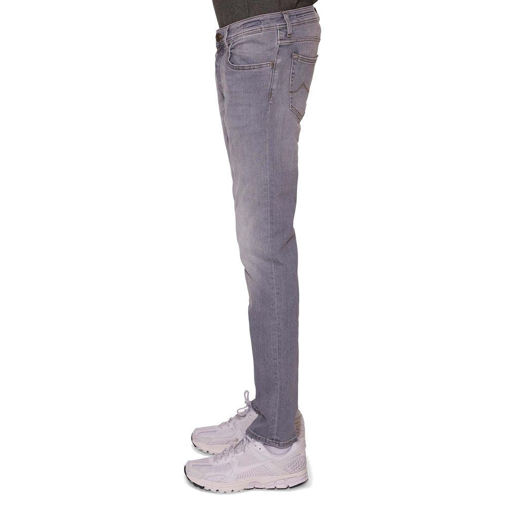 Side view of Jacob Cohen Sleek Slim Fit Grey Denim jeans in stretch cotton with classic five-pocket design and embroidered logo.