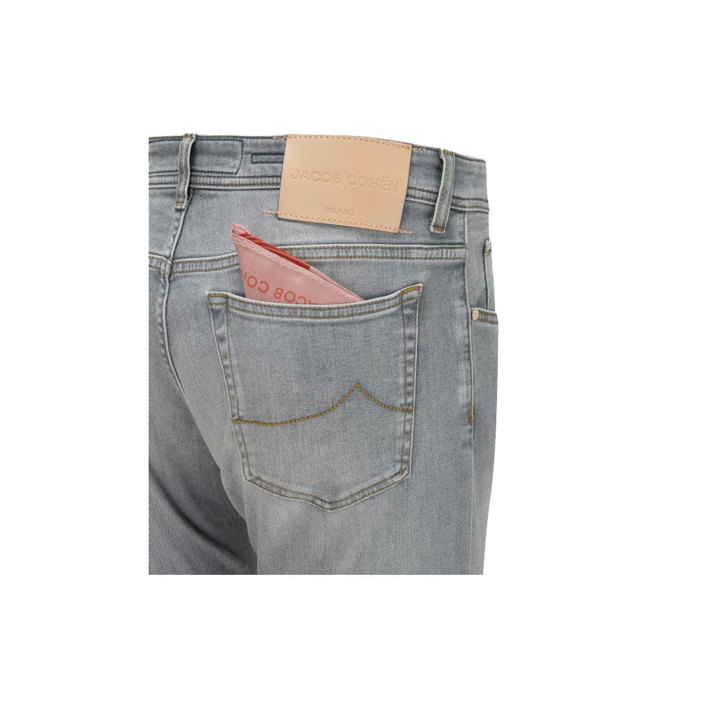 Back view of Jacob Cohen Sleek Slim Fit Grey Denim featuring a leather patch and five-pocket design.