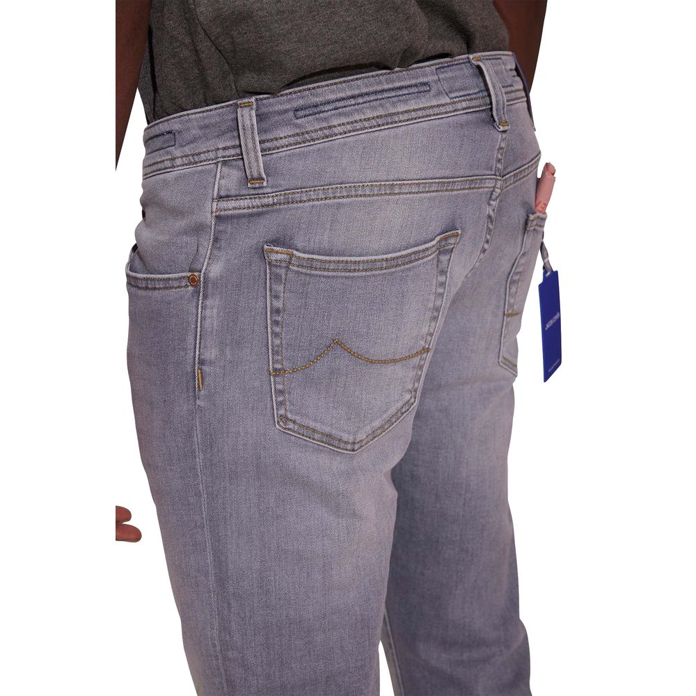 Jacob Cohen Sleek Slim Fit Grey Denim jeans with golden stitching and leather patch, featuring classic five-pocket design.