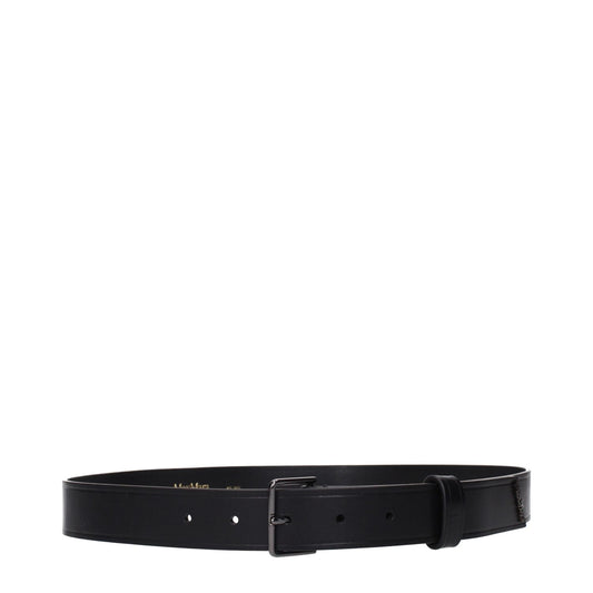 Max Mara Black Leather Regular Belt with front logo and vintage effect.
