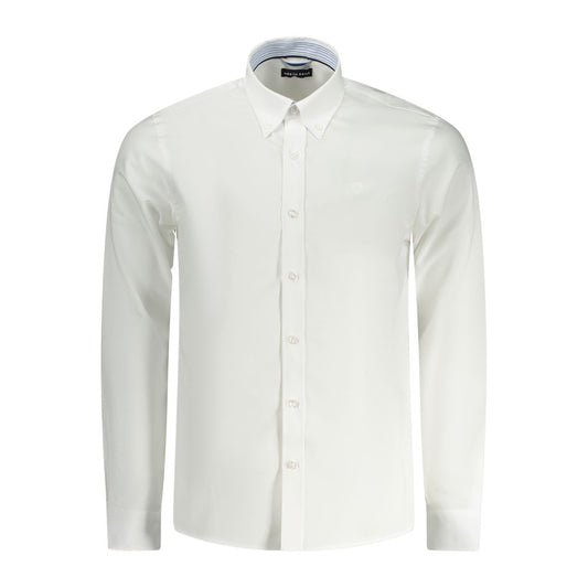 North Sails White Cotton Men Shirt with long sleeves and tailored fit, featuring contrasting internal button cuffs and subtle embroidery logo.