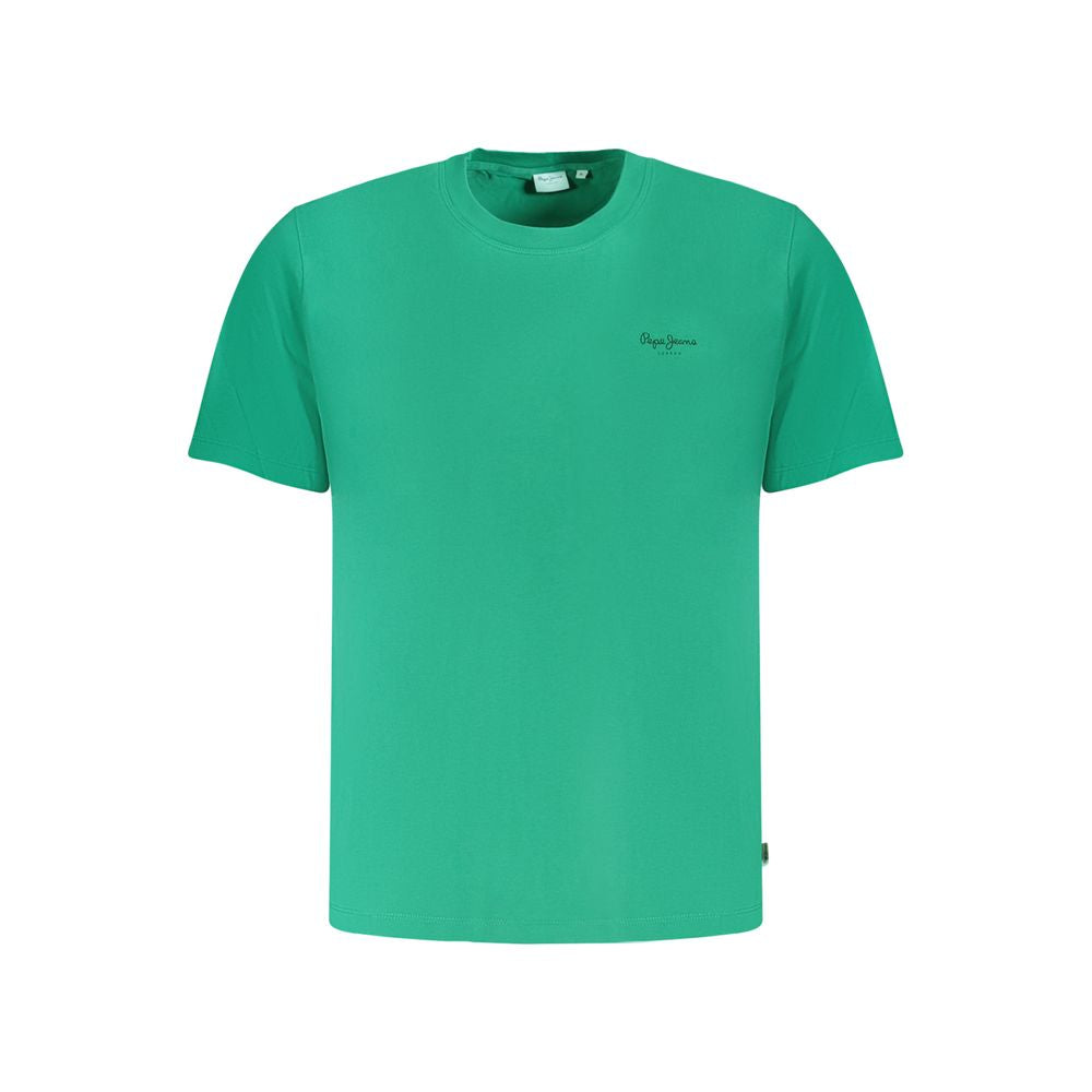 Pepe Jeans Green Cotton T-Shirt with short sleeves, crew neck, and logo print made from 100% sustainable cotton.