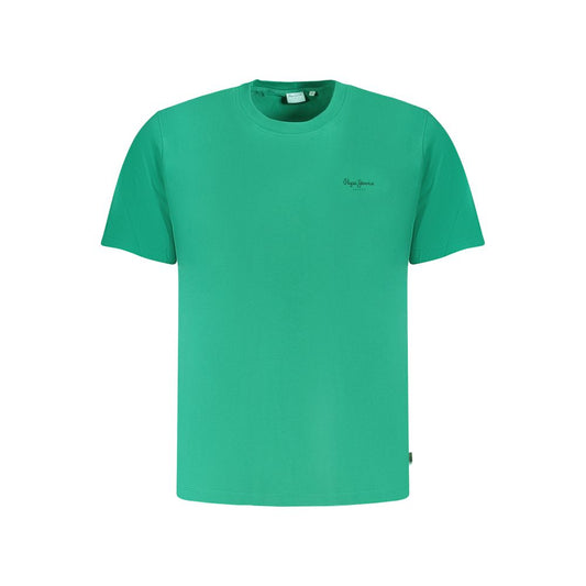 Pepe Jeans Green Cotton T-Shirt with short sleeves, crew neck, and logo print made from 100% sustainable cotton.