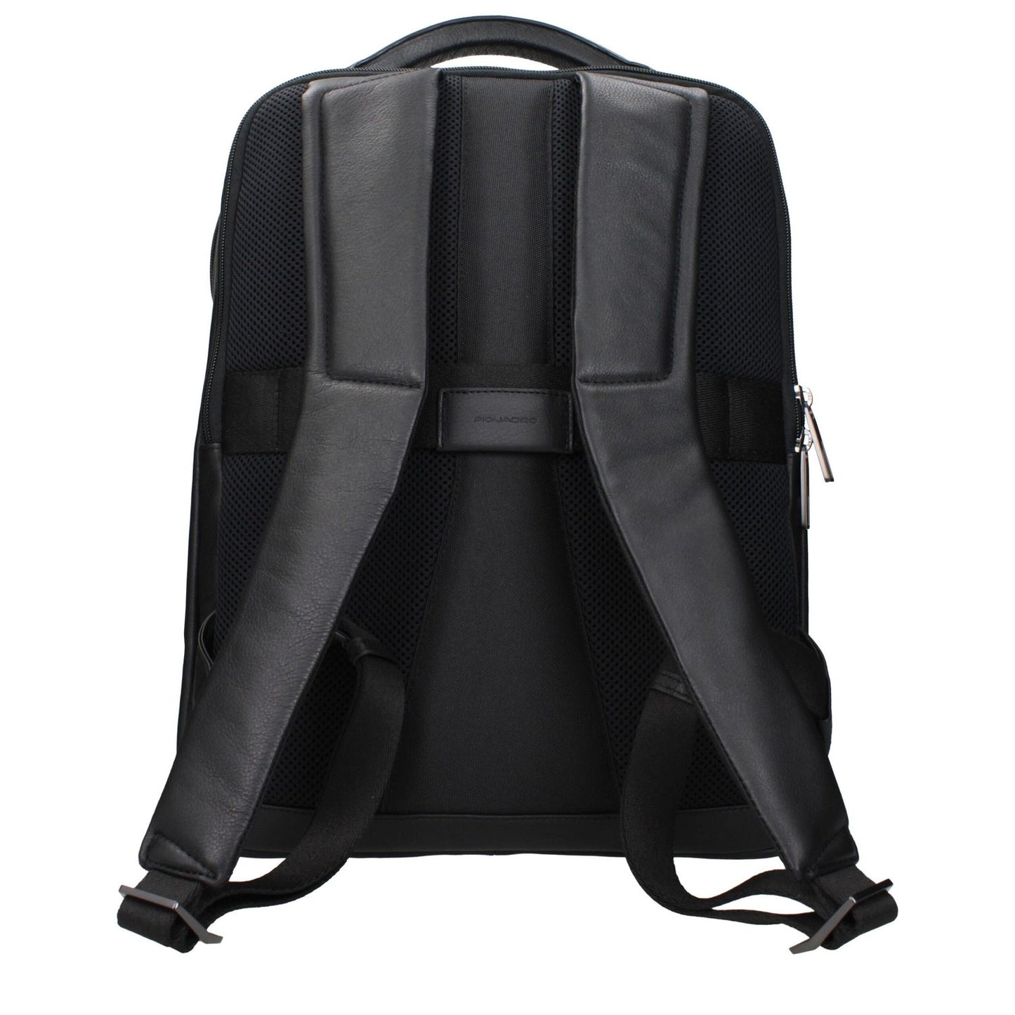 Back view of Piquadro Black Leather Backpack with adjustable straps.