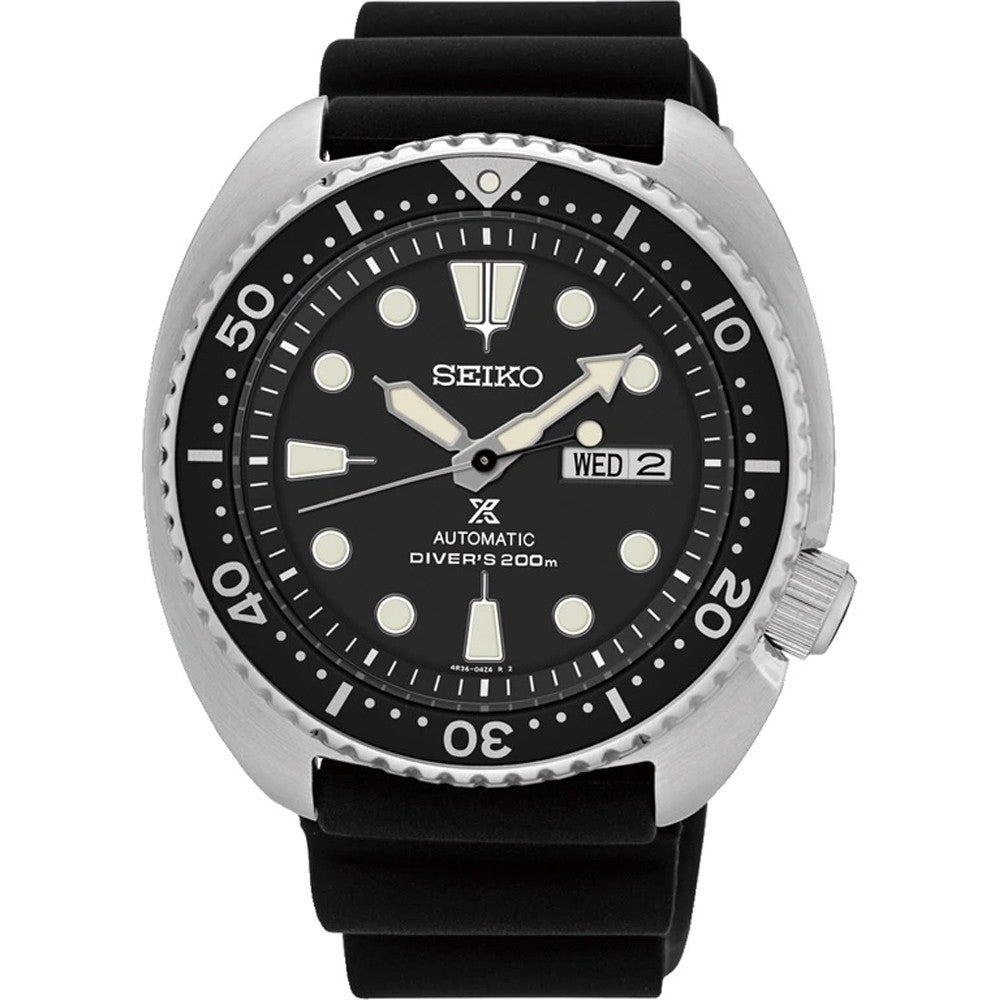 SEIKO Mod. PROSPEX DIVER'S AUTOMATIC watch with black dial and rubber strap, featuring day-date display and 200m water resistance.