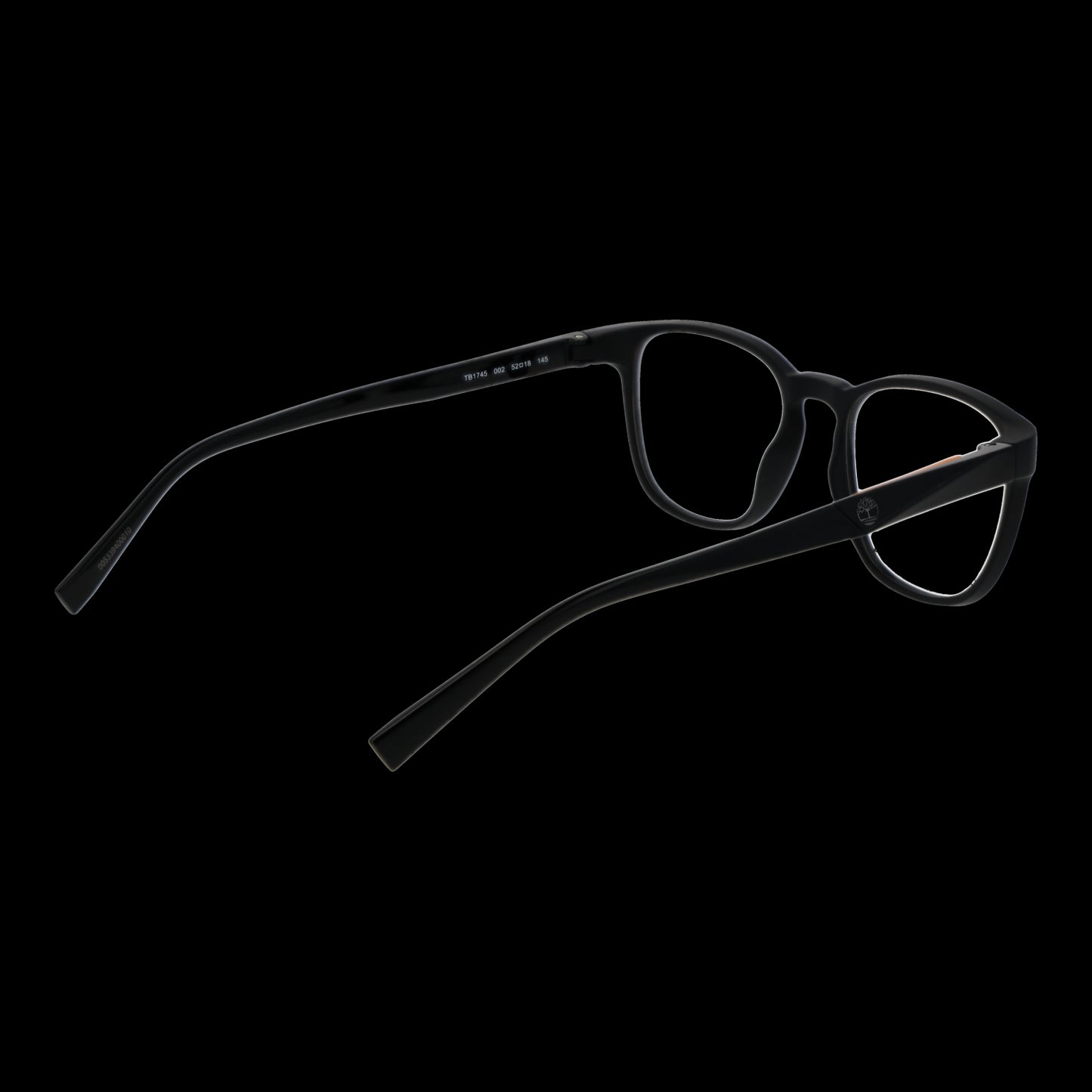 Black eyeglasses for gents, model TIMBERLAND MOD. TB1745 52002, showcased from a side view against a black background.