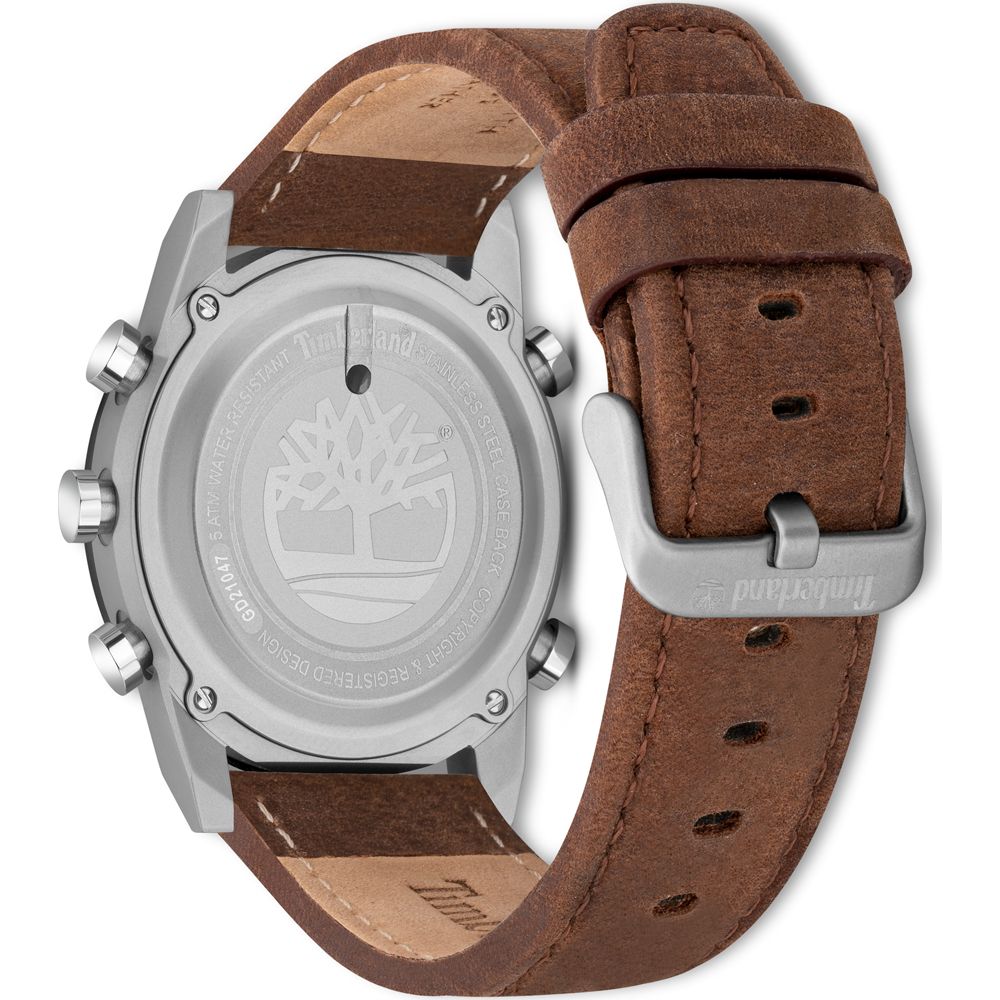 Back view of Timberland Brown Leather Digital Watch showing stainless steel case and buckle closure.