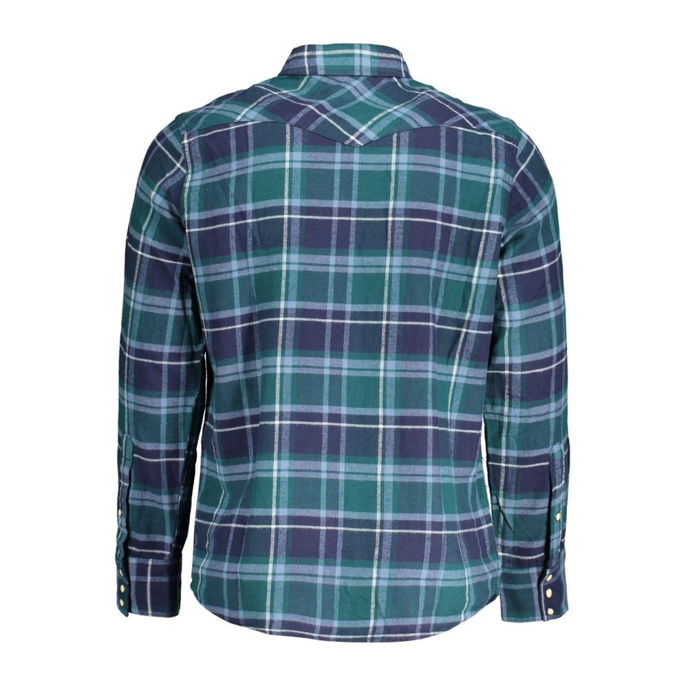 Wrangler Green Cotton Shirt with plaid design, long sleeve, Italian collar, automatic button cuffs and pockets, flannel western style.