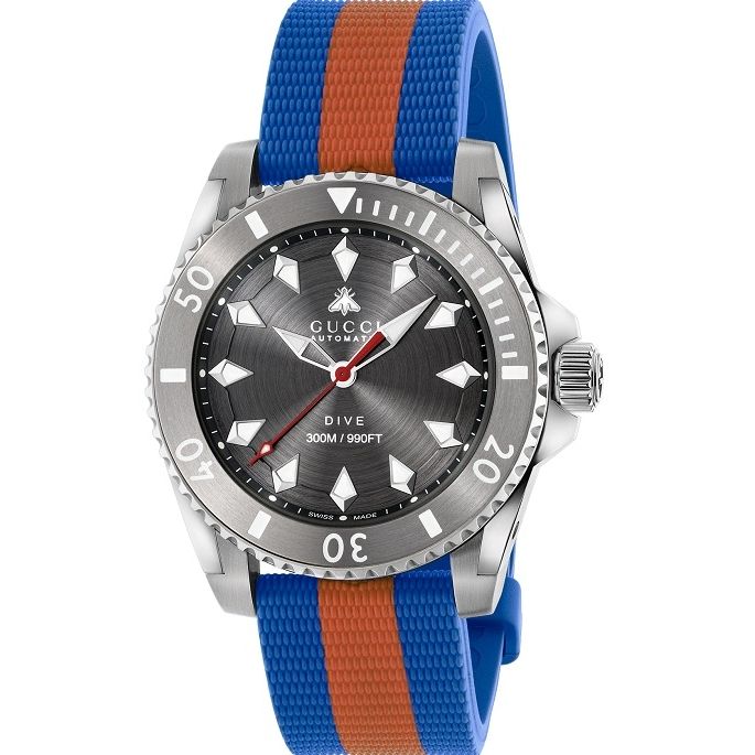 GUCCI Mod. DIVE watch with gray dial and blue-orange strap, 300m water resistance, luxury timepiece.