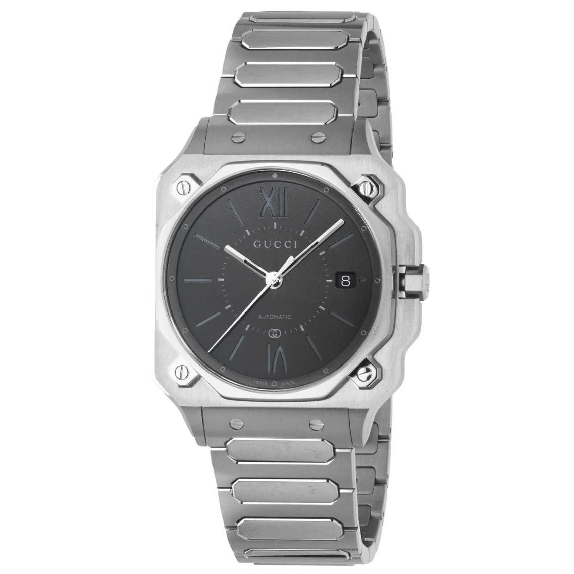 GUCCI Mod. G-FLAT luxury silver watch with black dial and sleek design